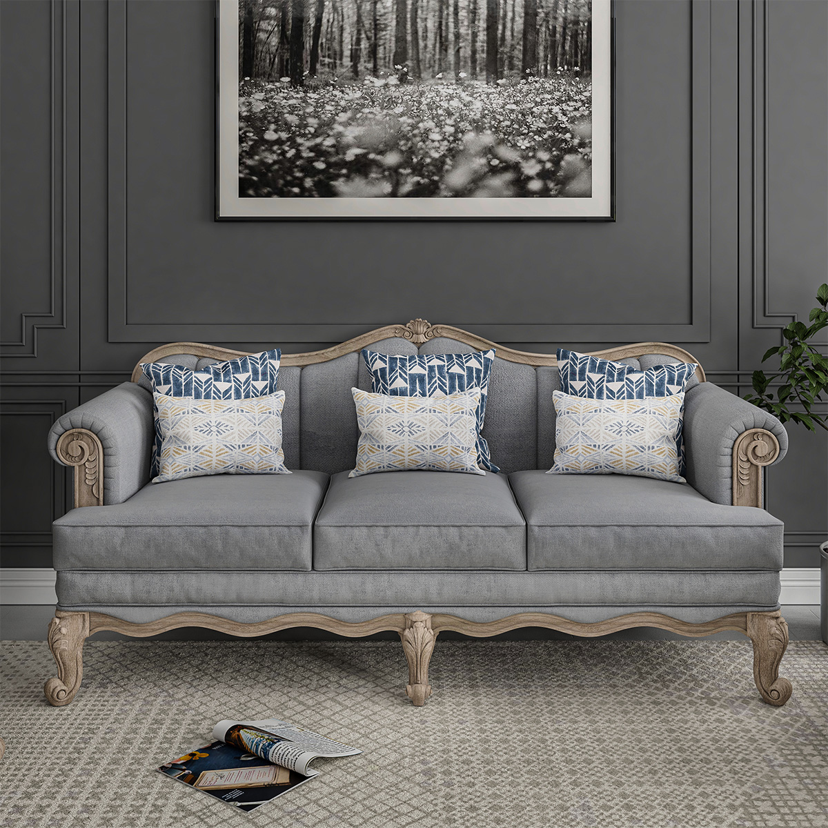 Sorocaba Rustic Teak Wood Traditional 3-Seater Tufted Gray Sofa