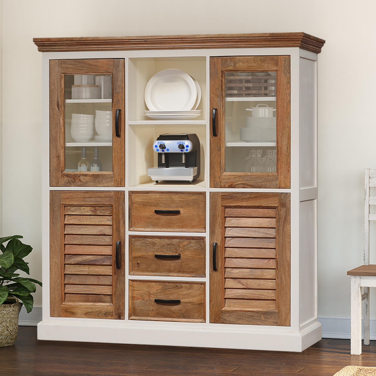 Rumsey Rustic 2 Tone Farmhouse Kitchen Hutch with Drawers