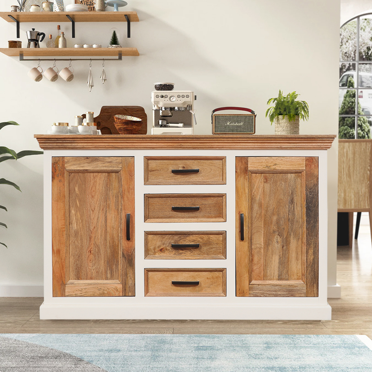 Rumsey Rustic Solid Wood Two Tone 4 Drawer Farmhouse Sideboard Cabinet