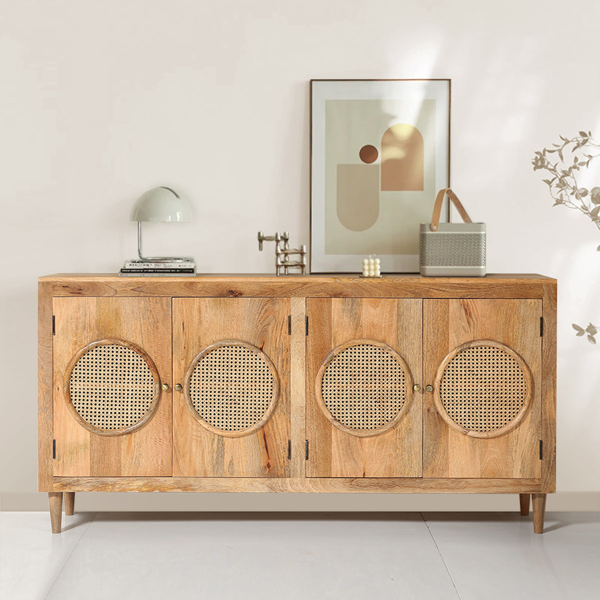 Ocotillo Mid Century Traditional Solid Wood 4 Rattan Door Sideboard