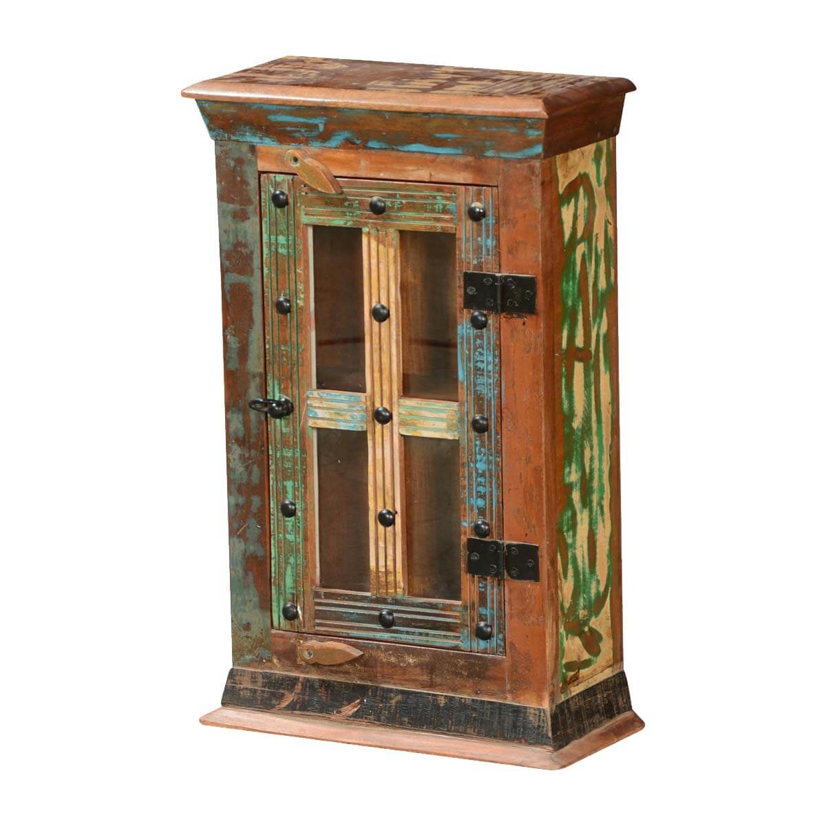 Rustic Reclaimed Wood Small Cabinet With Display Glass Door