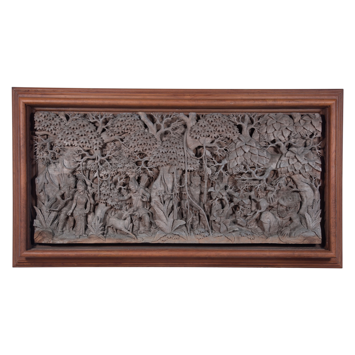 Keyes Relief Teak Wood Ramayana Tale Carving Wall Sculpture Art
