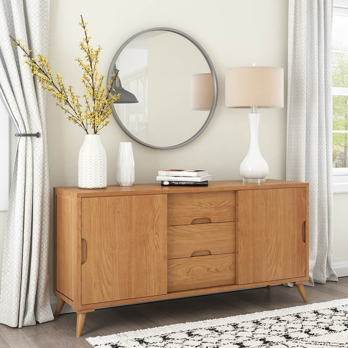 Avondale Teak Wood 3 Drawer Modern Style Long Credenza
