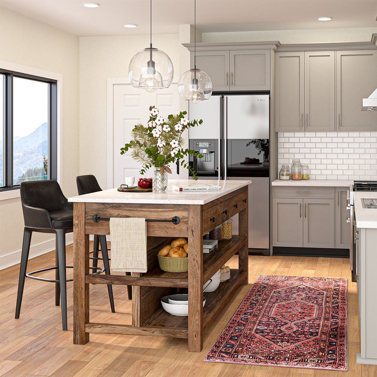 Visalia Modern Rustic Marble Top Kitchen Island with Open Shelves Storage