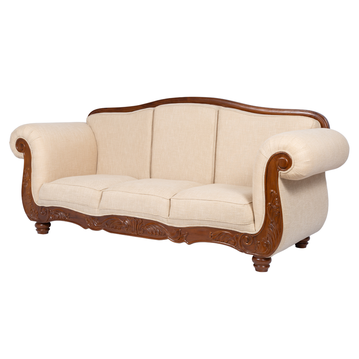 Denali Victorian Hand Carved Rolled Arm Upholstered 3 Seater Sofa