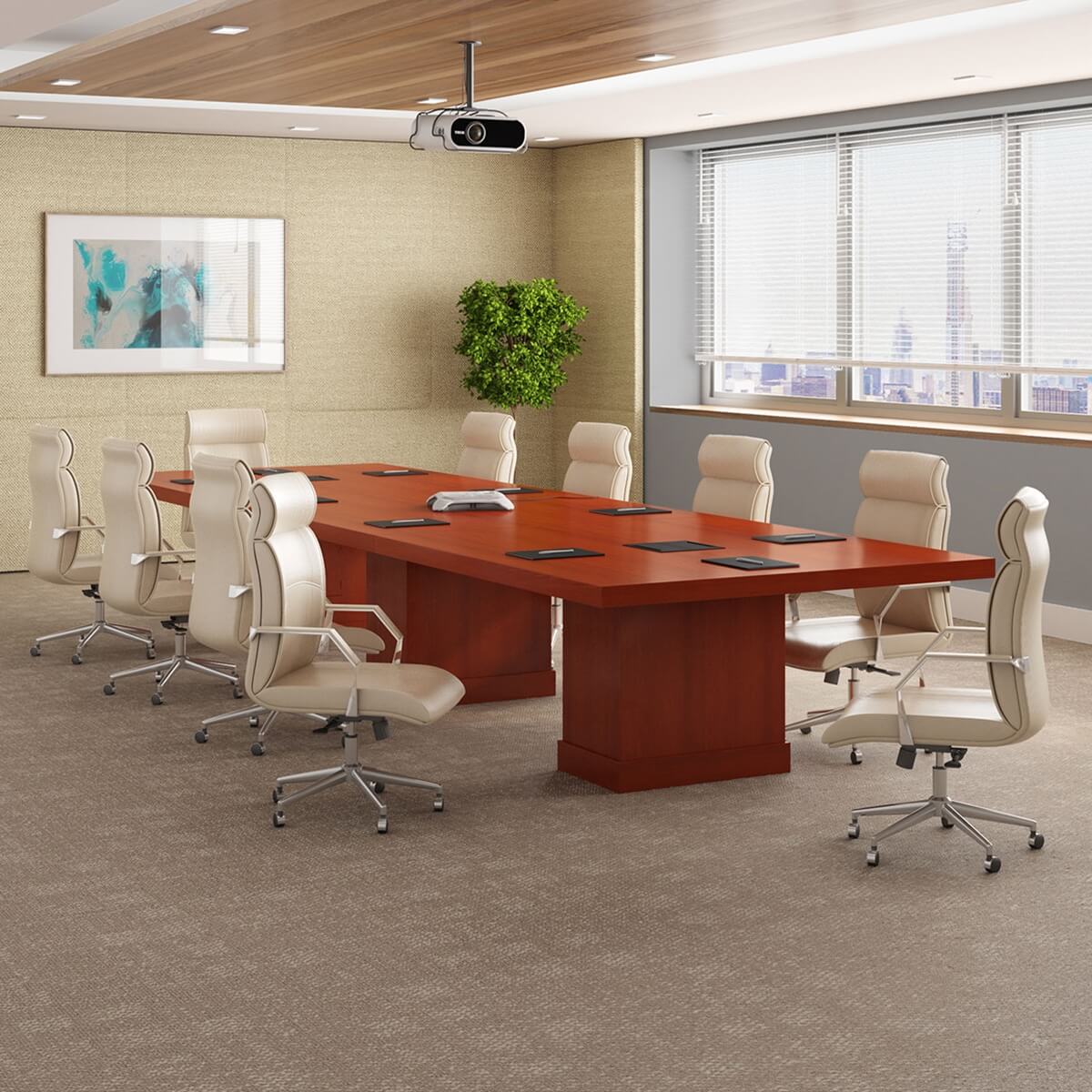 Solid Mahogany Wood 3-Piece Rectangular Conference Table with Storage