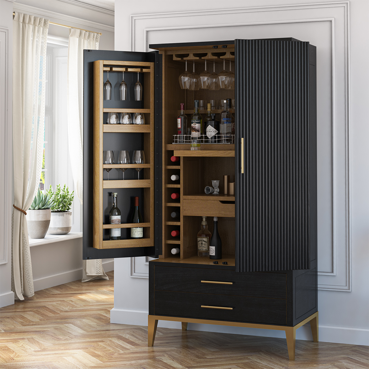 Lausanne 2 Tone Solid Wood Modern Tall Black Bar Cabinet Armoire