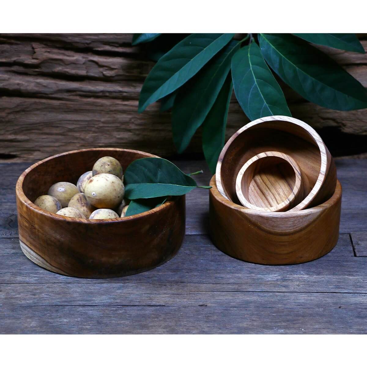 Malacca Solid Teak Wood 4 Piece Stackable Bowls Set