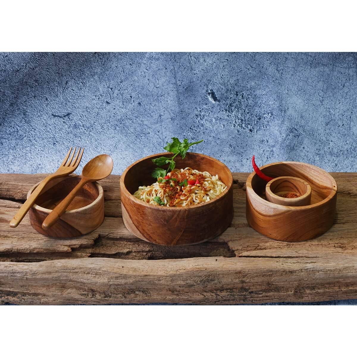 Malacca Solid Teak Wood Set of 4 Bowls with Spoon & Fork