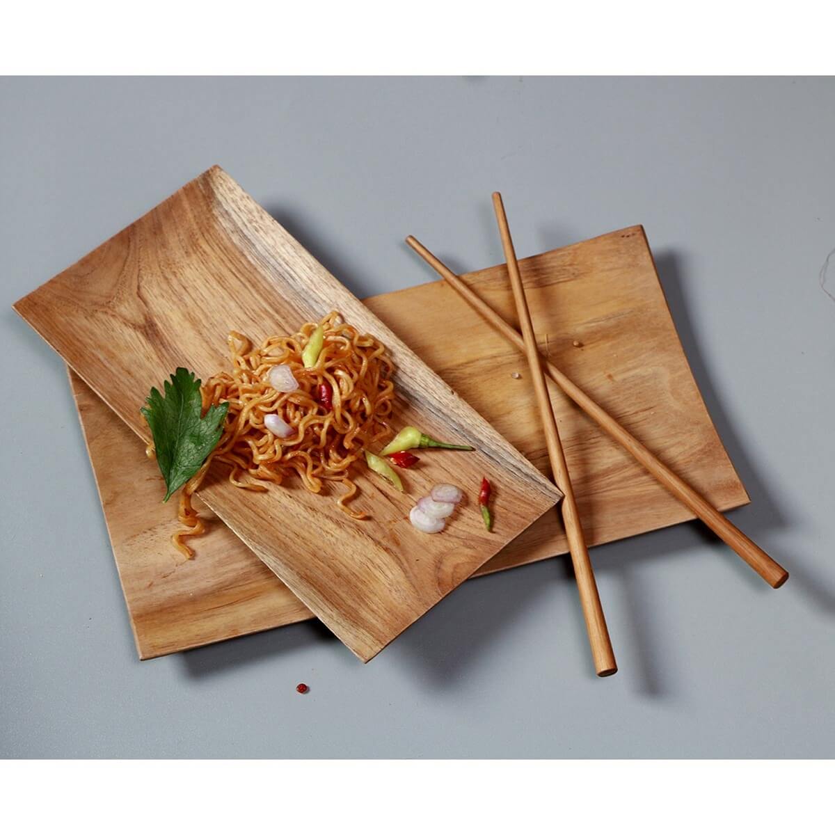 Hida Solid Teak Wood Rectangular Serving Plates with Chopsticks