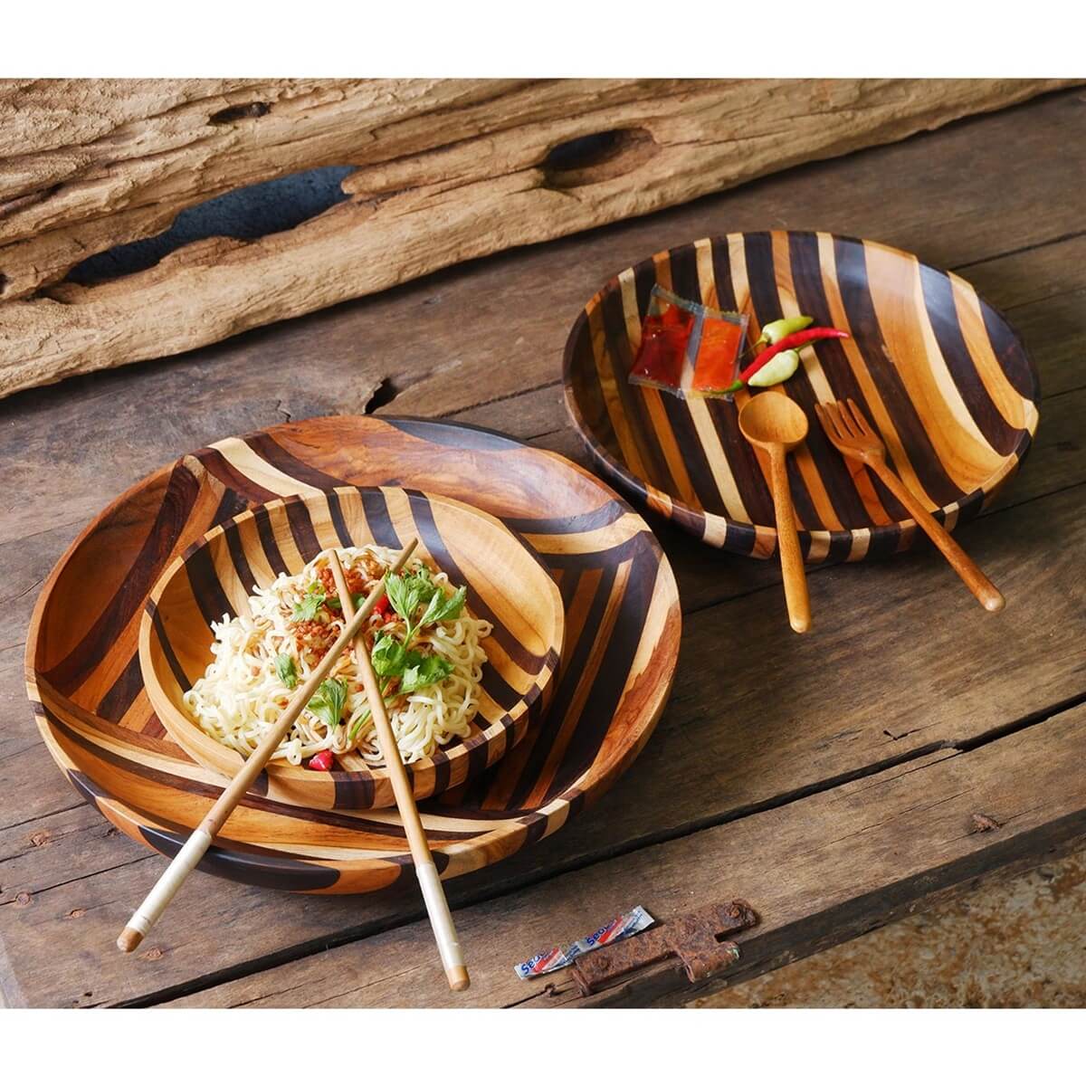 Selangor Teak Wood Serving Plates with Chopsticks, Fork and Spoon