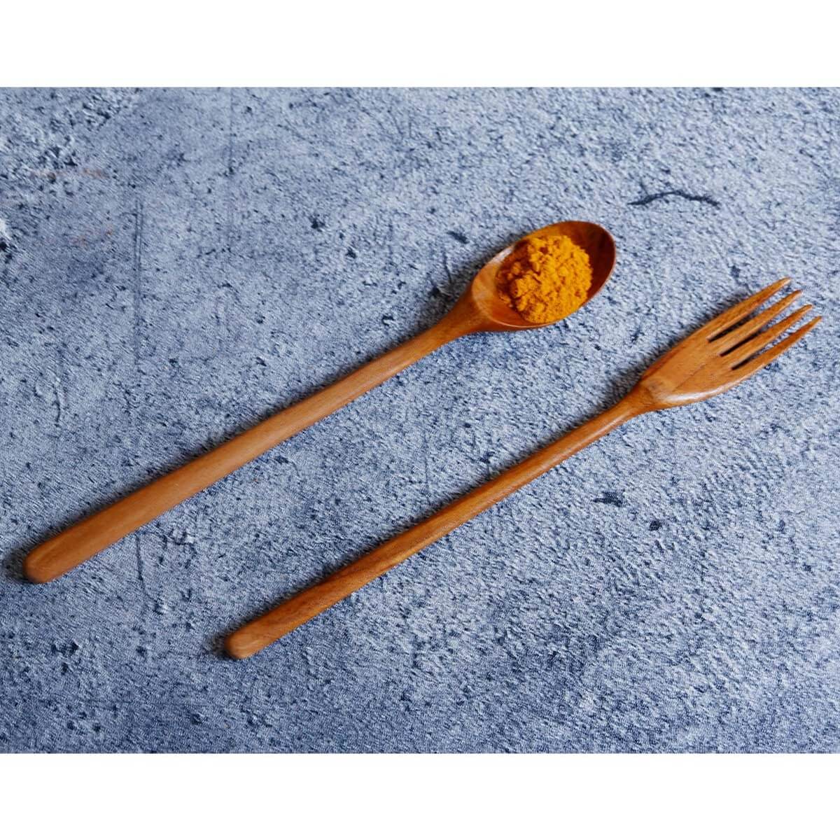 Altea Teak Wood Long Handle Spoon & Fork (Pack of 12 Pieces)