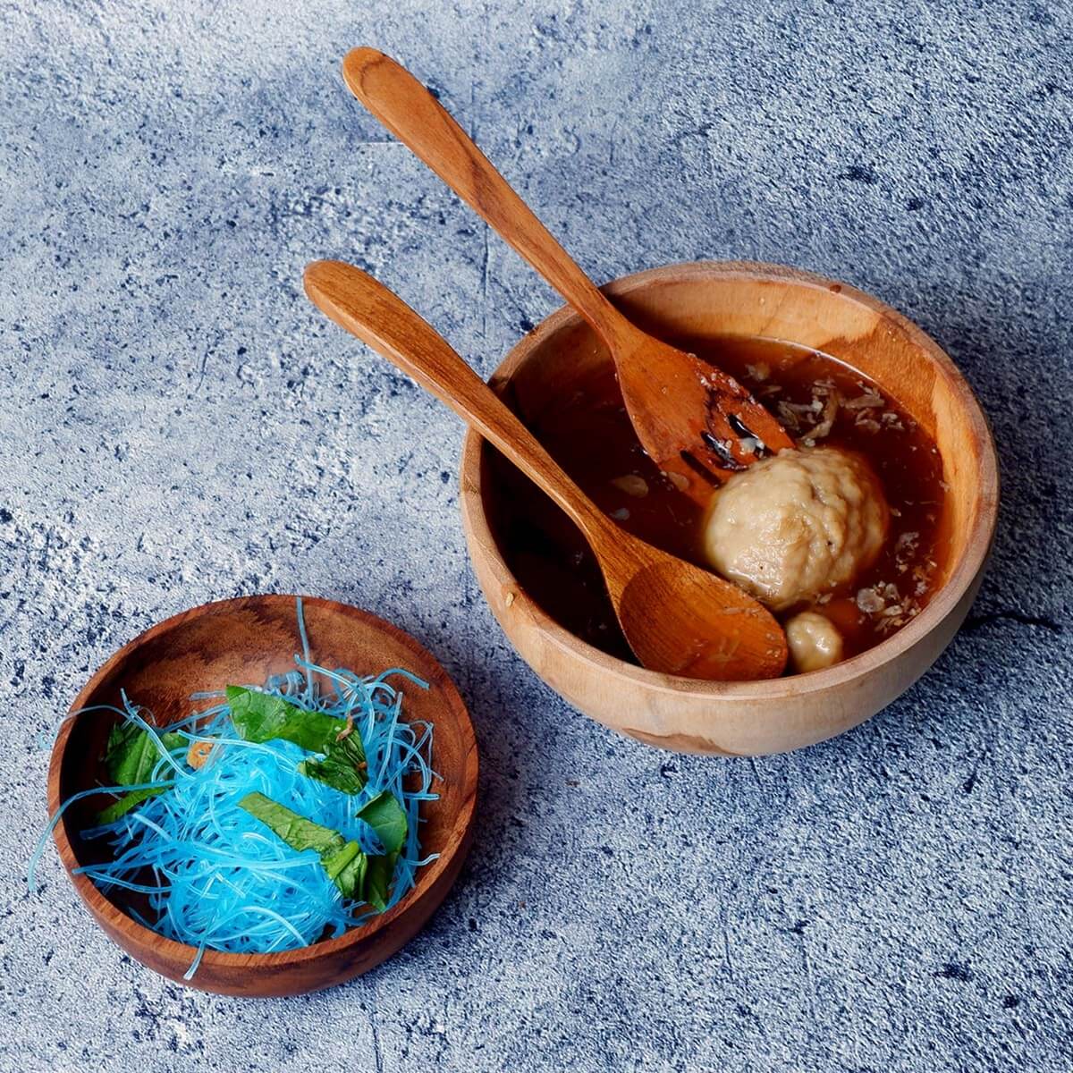 Galicia Solid Teak Wood Handmade Set of 2 Bowls with Spoon & Fork