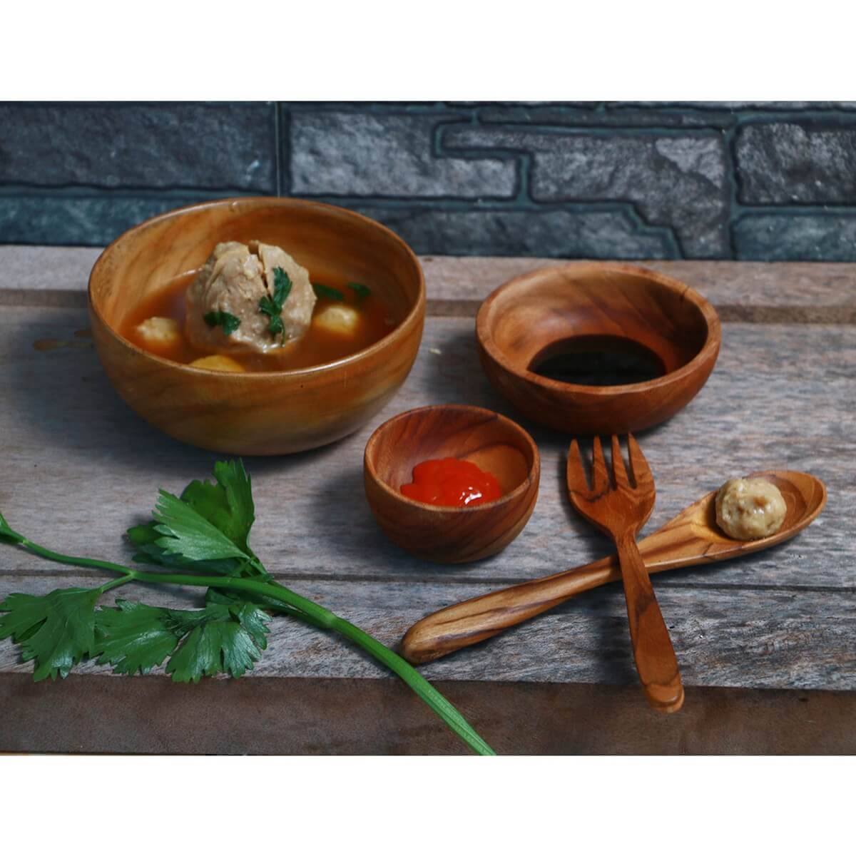 Cantabria Solid Teak Wood 3 Stackable Bowls with Spoon and Fork