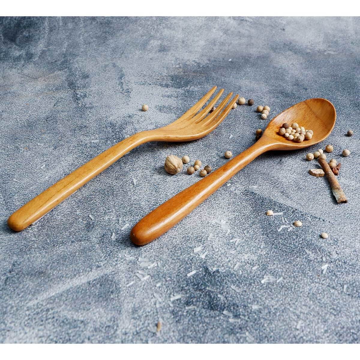 Bibury Solid Teak Wood Fork and Spoon Set (Pack of 12 Pieces)