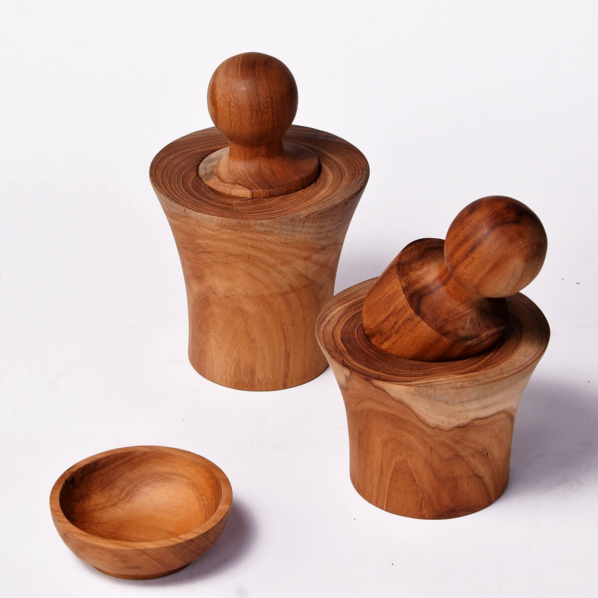 Solid Teak Wood 3-Piece Set of Mortars and Pestles and Bowl