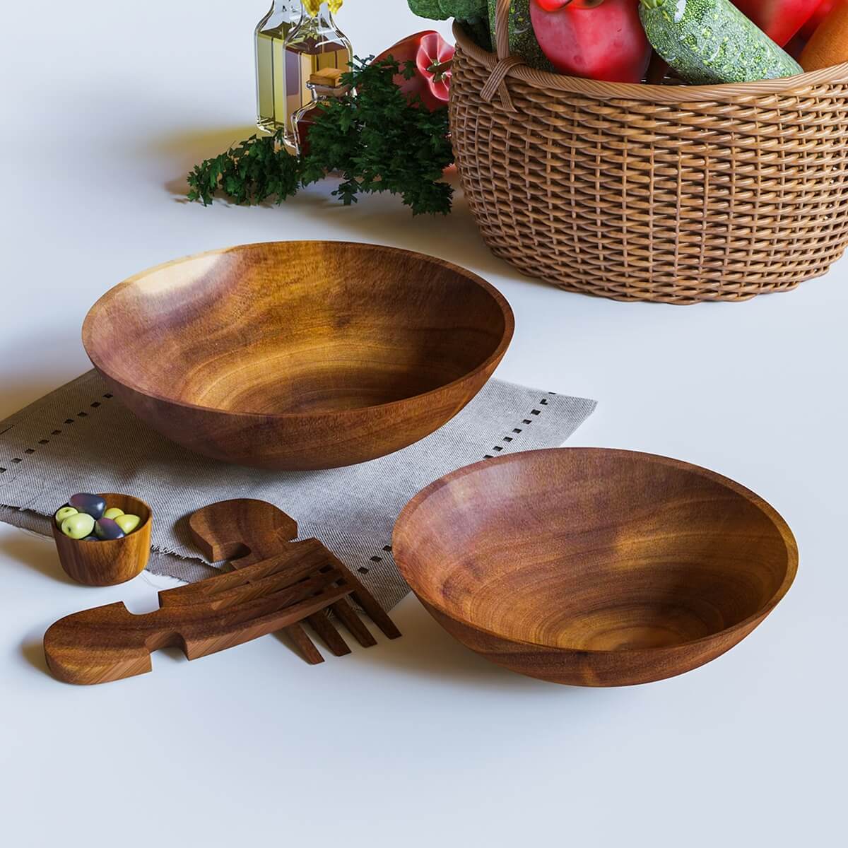 Solid Teak Wood 3 Piece Set Bowls With Serving Hands