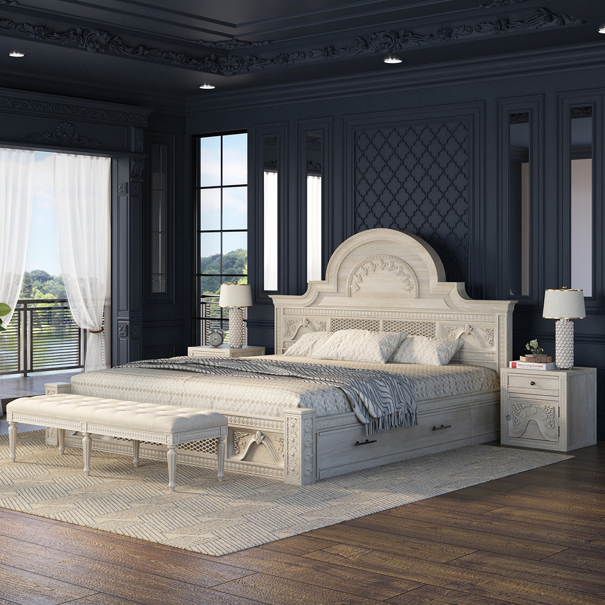 Pittsburg Carved Solid Wood Platform Bed Frame with Storage