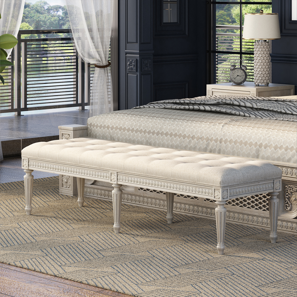 Pittsburg Solid Wood White Tufted Upholstered Bedroom Bench