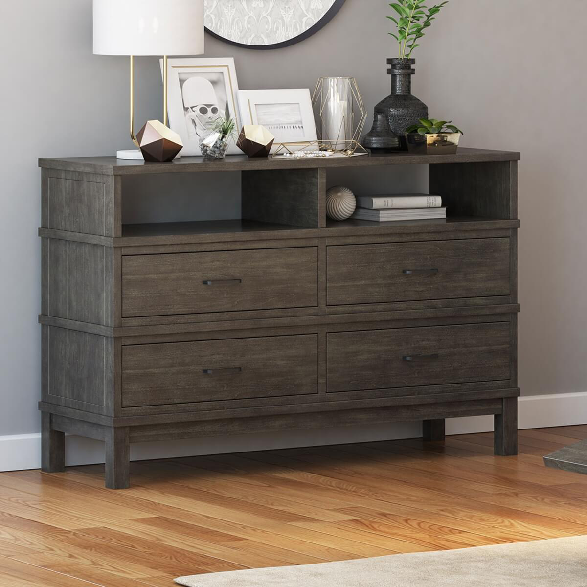 El Dorado Mahogany Wood Gray Bedroom 4 Drawer Dresser With Shelves