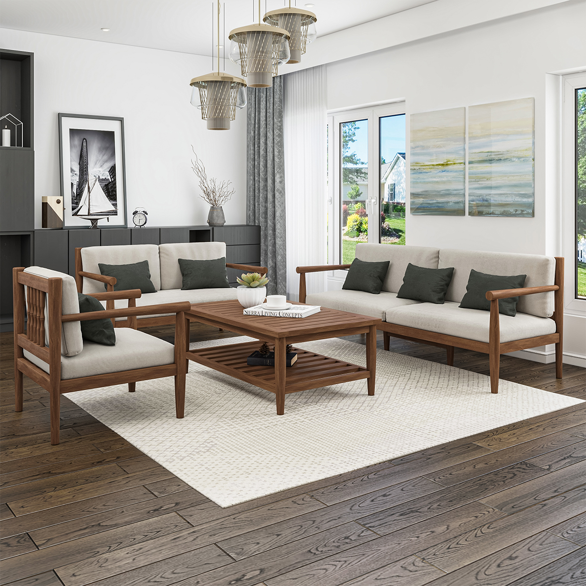 Boudry Rustic Modern Teak Wood 4 Piece Living Room Set