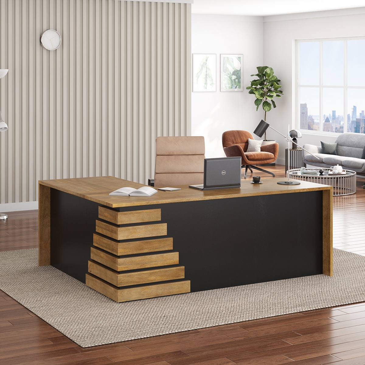Brisbane Modern Rustic Solid Wood 2 Tone L Shaped Office Desk