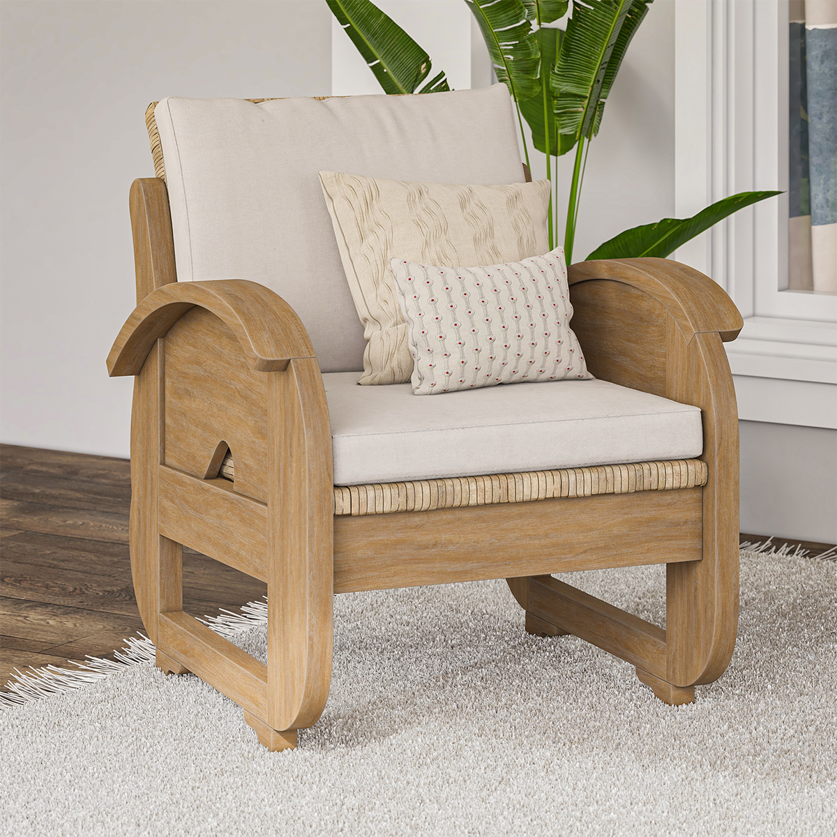 Fortaleza Modern Rustic Teak Wood Upholstered 1 Seater Sofa