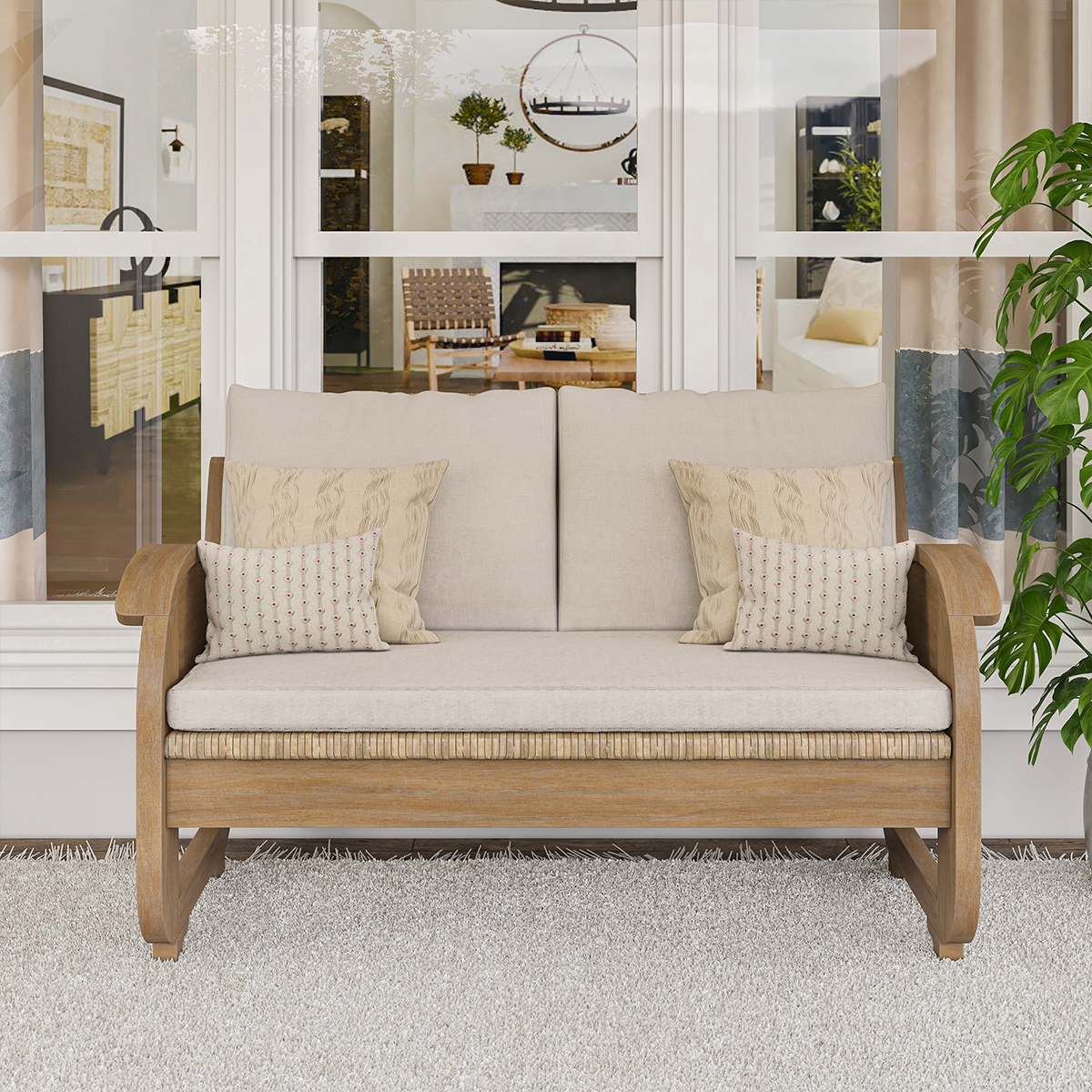 Fortaleza Rustic Teak Wood Modern Upholstered Love Seat Sofa