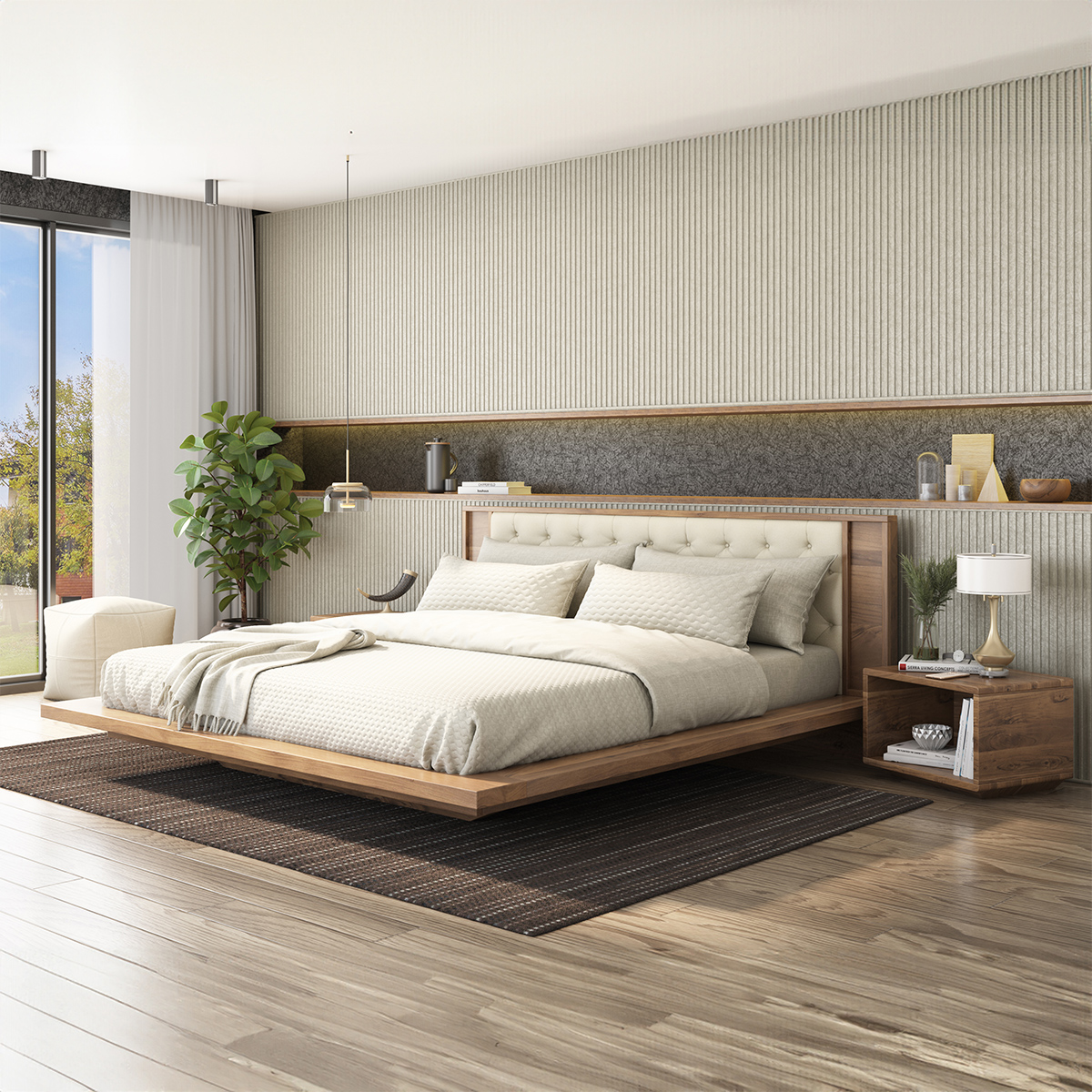 Montague Modern Solid Acacia Wood 3 Piece Floating Bedroom Set