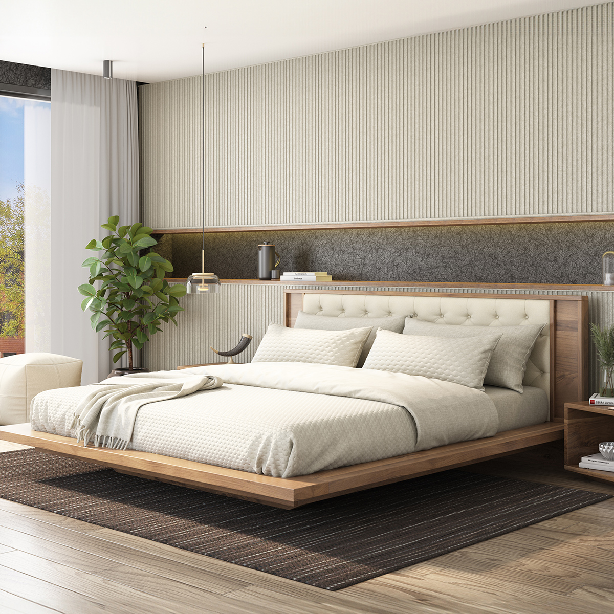 Montague Modern Acacia Wood Floating Bed Frame with Tufted Headboard