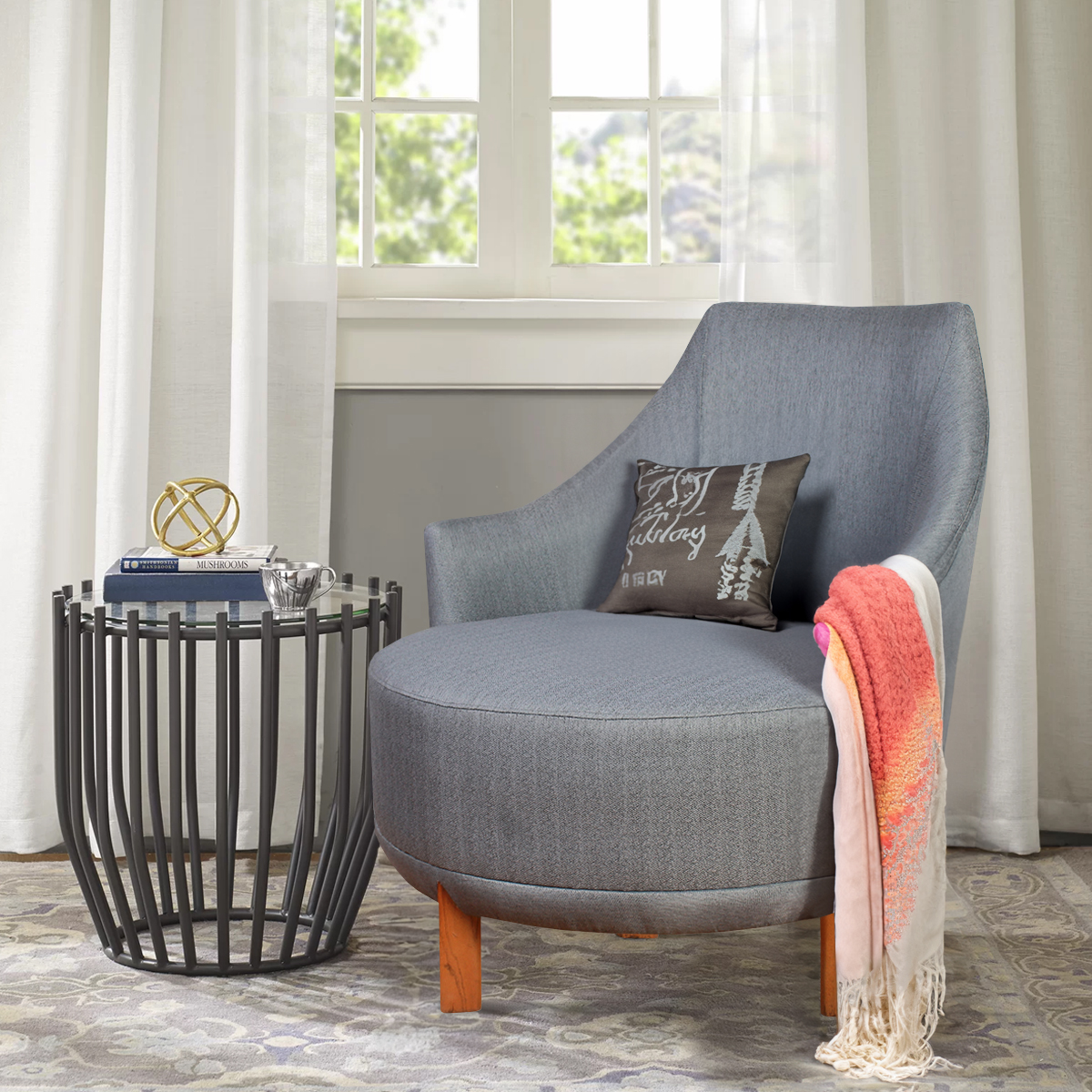 Amador Mid Century Grey Upholstered Small Arched Lounge Tub Chair