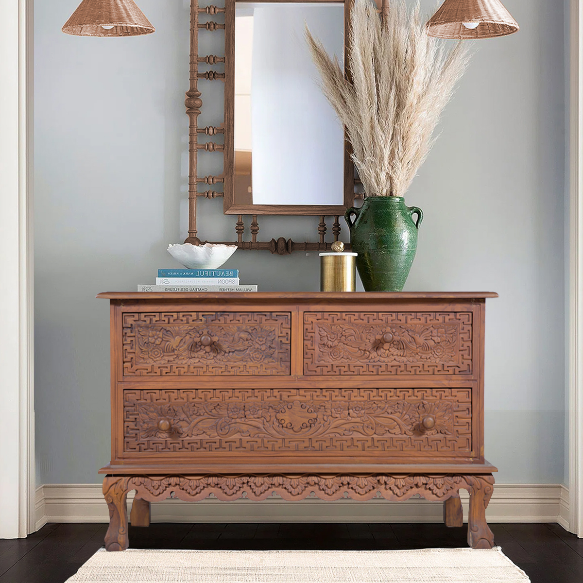 Ducor Antique Chippendale Style Rustic Hand Carved 3 Drawer Dresser