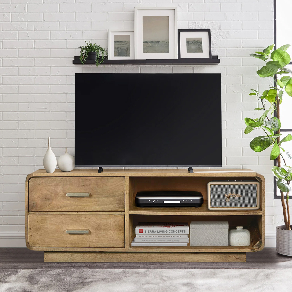Hialeah Rounded Corner Rustic Mango Wood 2 Side Drawer TV Media Island