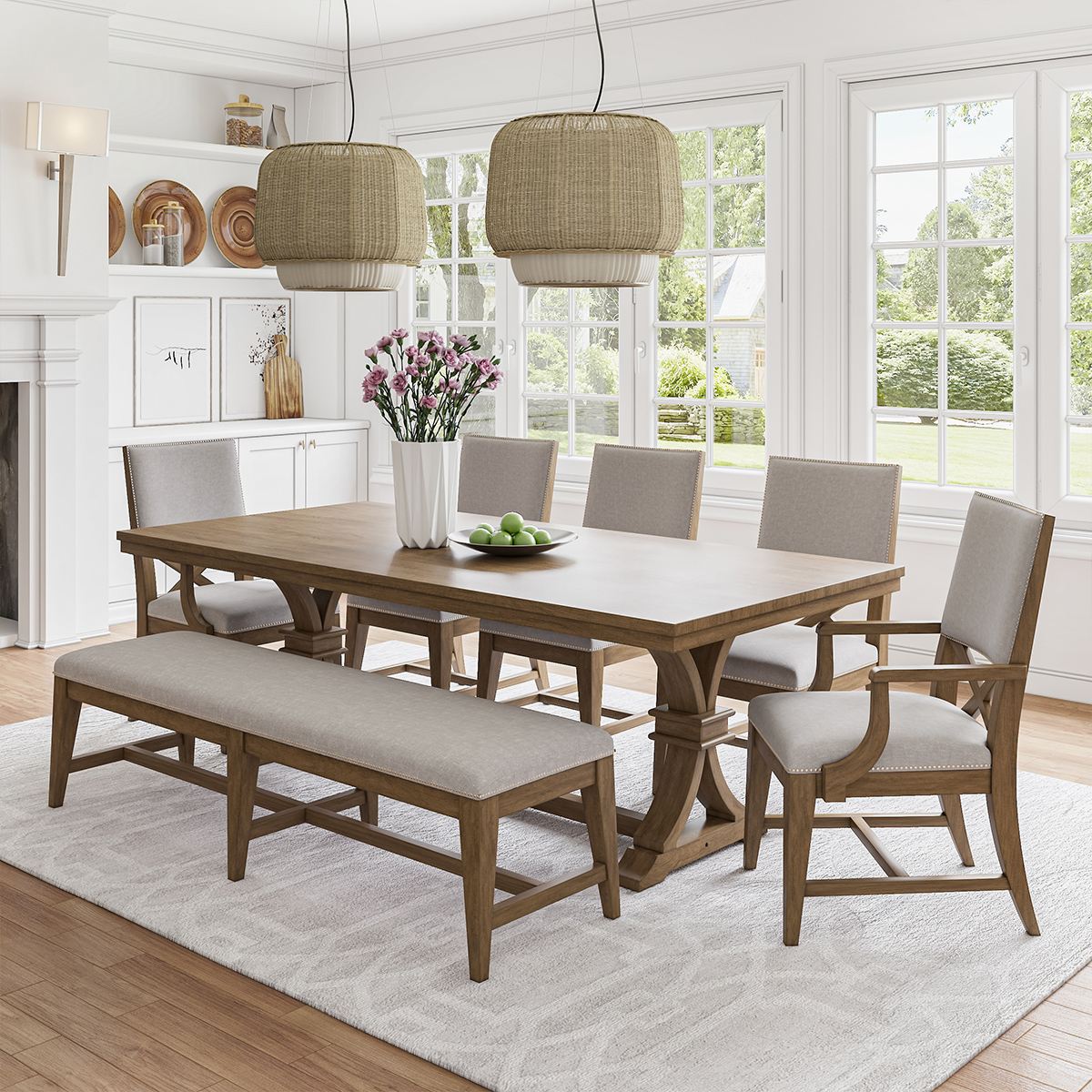 Cartagena Rustic Solid Wood 7 Piece Mid-century Style Dining Set