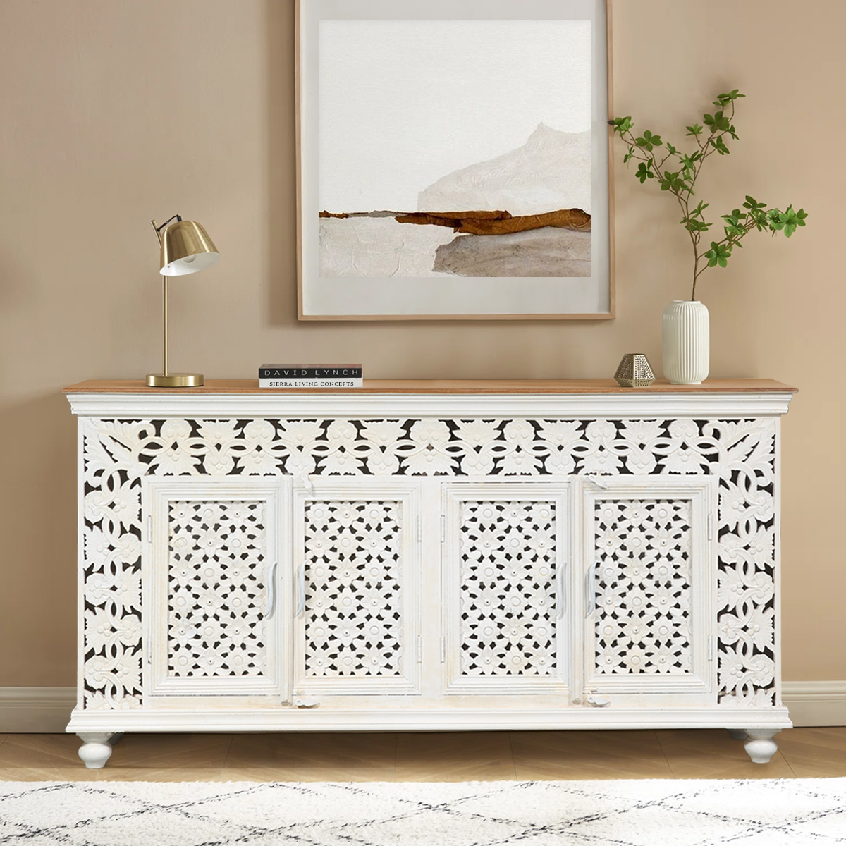 Hughson Traditional Cream White Ornate Hand Carved 4 Door Sideboard
