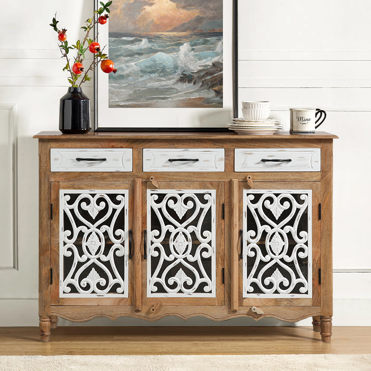 Cayucos Traditional Rustic Solid Wood Fretwork 3 Door White Sideboard