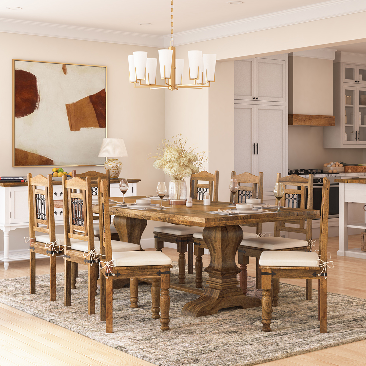 Darien Transitional Pedestal 8 Chair Dining Table Set
