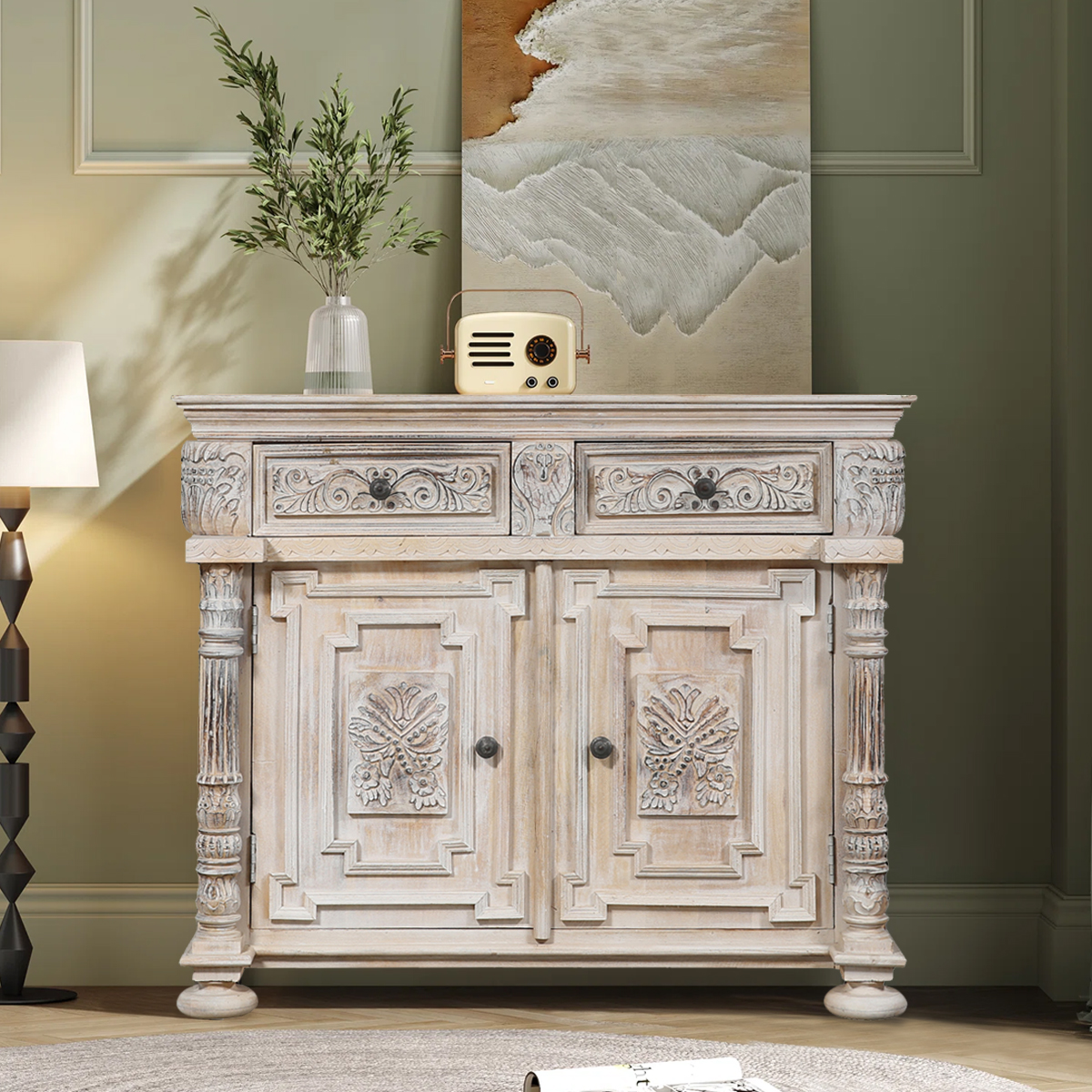 Keene Country Weathered White Solid Wood 2 Door Storage Cabinet