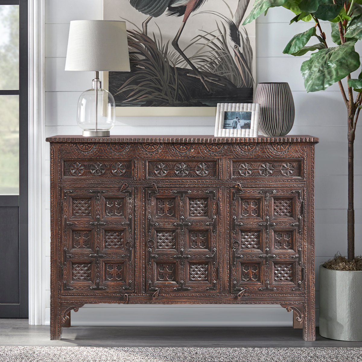 Humboldt Hand Carved Rustic Brown 3 Door Traditional Sideboard