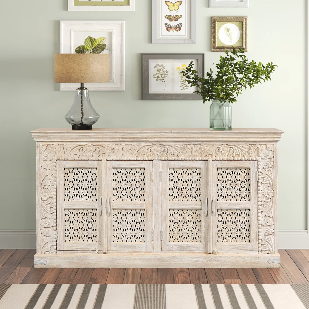 Coachella Traditional Distressed Ornate Hand Carved 4 Door Sideboard