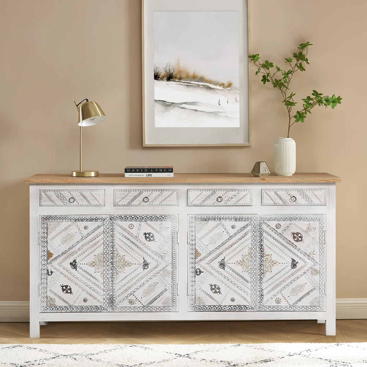 Inyo Antique Large Hand Carved 4 Drawer Two Tone Long Sideboard