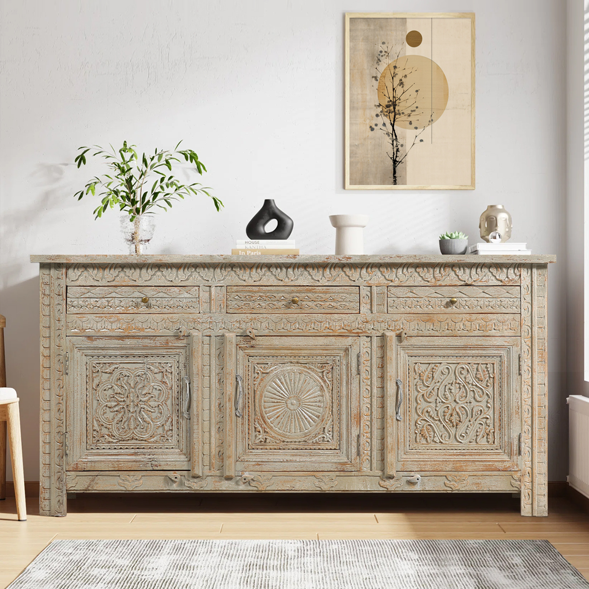Mendocino Distressed Hand Carved Mid Century Sideboard with 3 Drawers