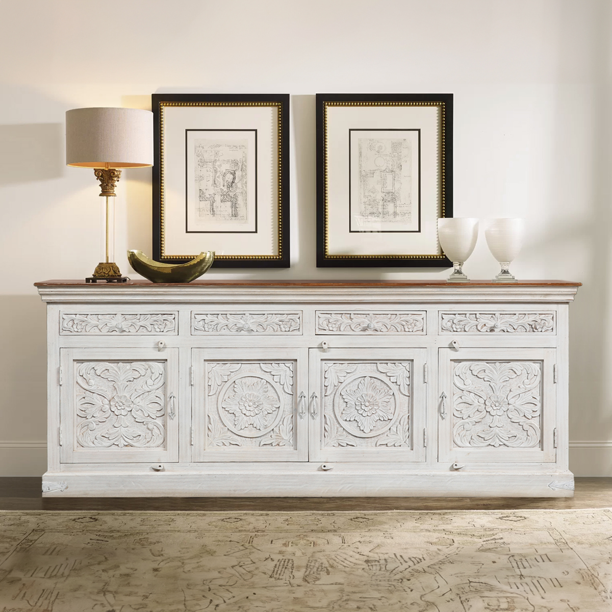 Stanislaus White Floral Hand Carved 2 Tone French Country Sideboard