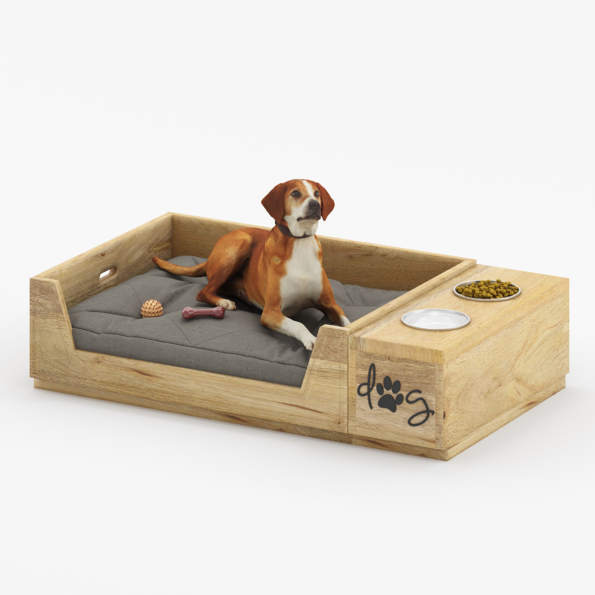Seeley Farmhouse Wooden Dog Bed with Feeder
