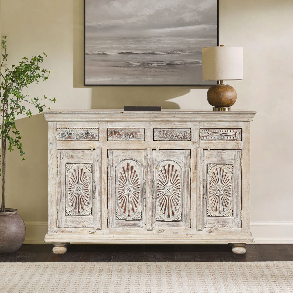 Hydesville Country French Distressed Solid Wood 4 Door Sideboard