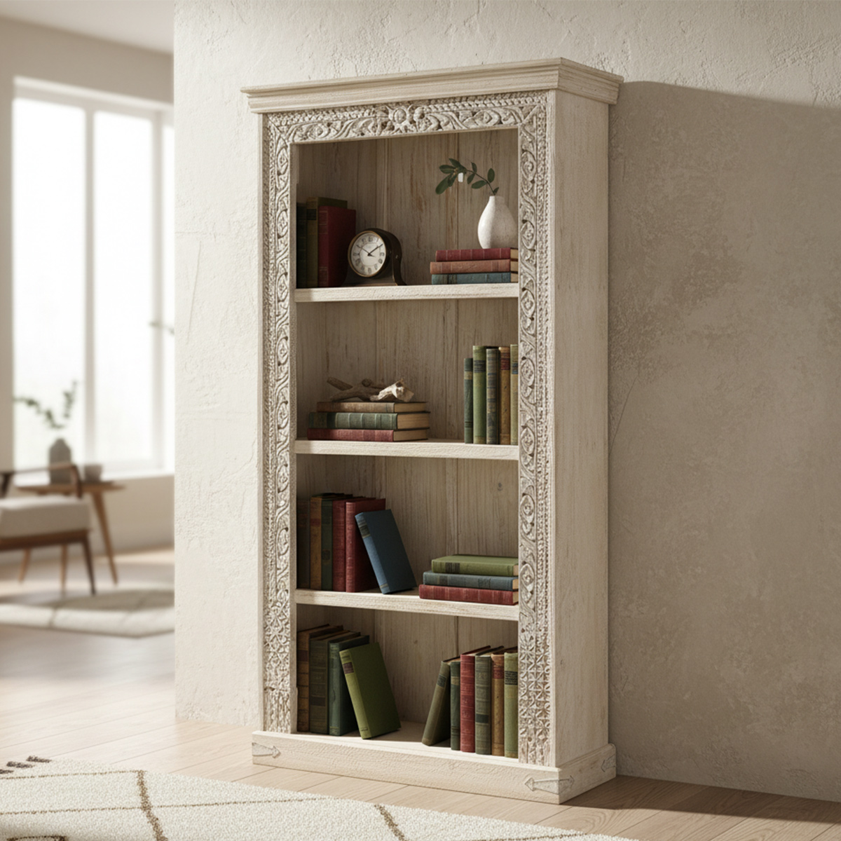 Cerritos Solid Reclaimed Wood White 4 Shelf Tall Bookcase