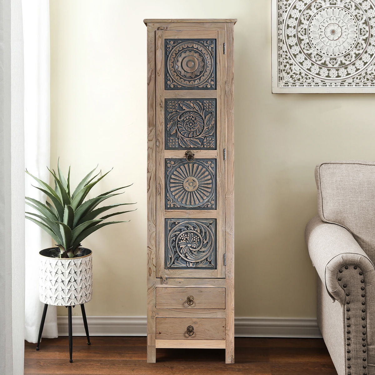 Yolo Vintage Rustic Solid Wood 2 Petite Drawer Tall Cabinet Tower