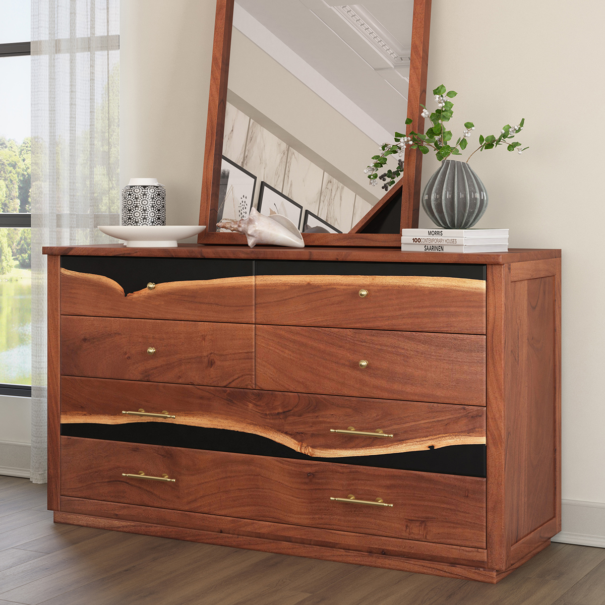 Morada Acacia Wood Epoxy Modern Dresser with 6 Drawers
