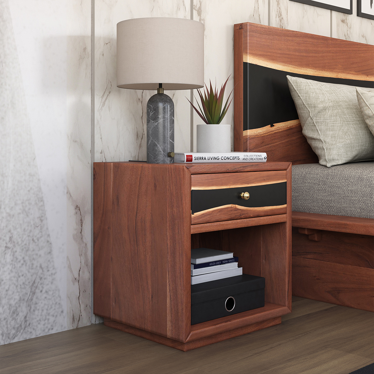 Morada Acacia Wood Epoxy Modern Nightstand with Drawer