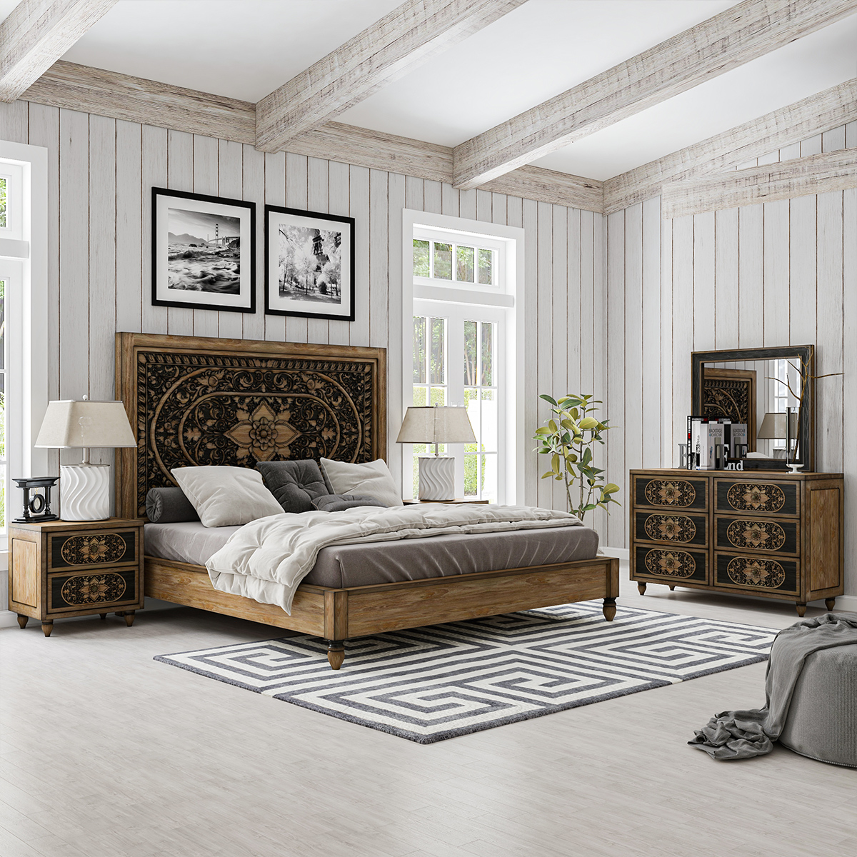 Treviso Solid Wood Hand-carved 4 Piece Bedroom Set